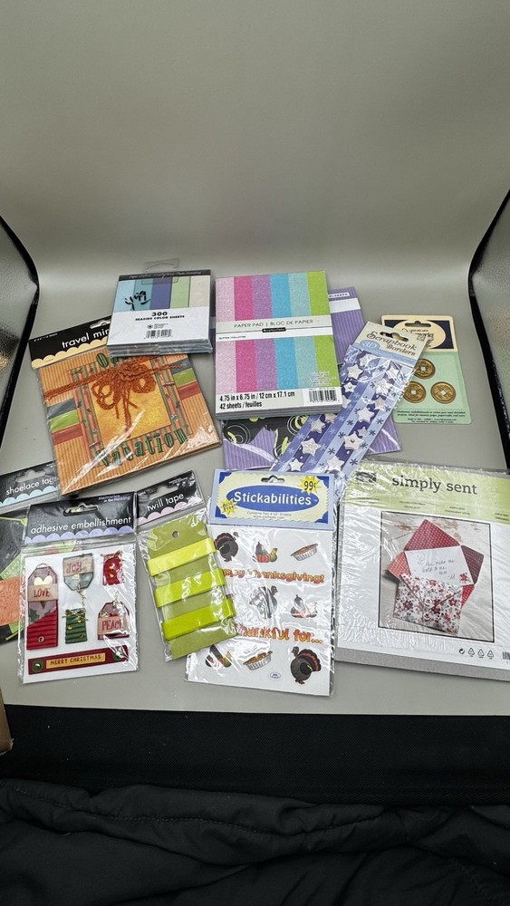 Lot of Scrapbooking Supplies Paper Stickers Tags Tape Album Etc