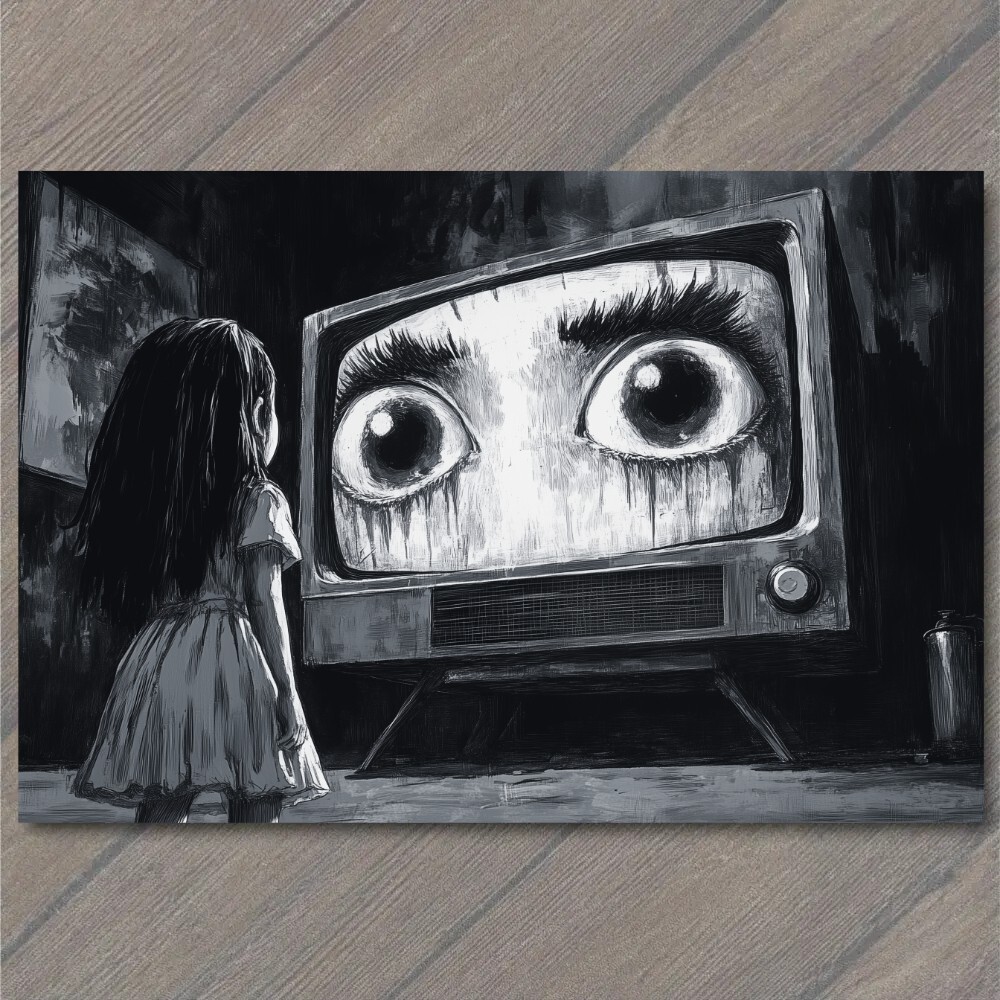 STICKER Girl Staring TV Set Haunted Eyes Look Child Black Horror Creepy Weird