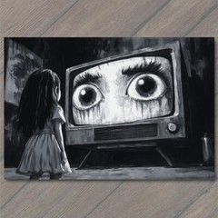 STICKER Girl Staring TV Set Haunted Eyes Look Child Black Horror Creepy Weird