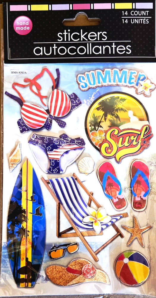 14 Count Handmade Scrapbooking Stickers 3D Beach Tropical Summer Surf Shells NEW