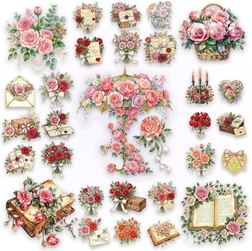 100pcs Vintage Floral Stickers Transparent Waterproof Flower Decals Scrapbook