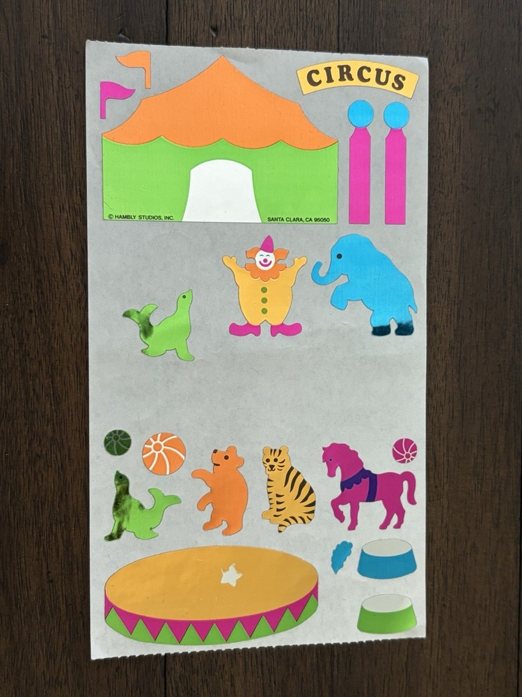 HAMBLY STUDIOS vintage stickers Sheet Mylar Circus Tent And Animals