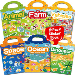 6 Sets Reusable Sticker Book for Toddlers 3-6, Jelly Stickers Book for Kids, Tra