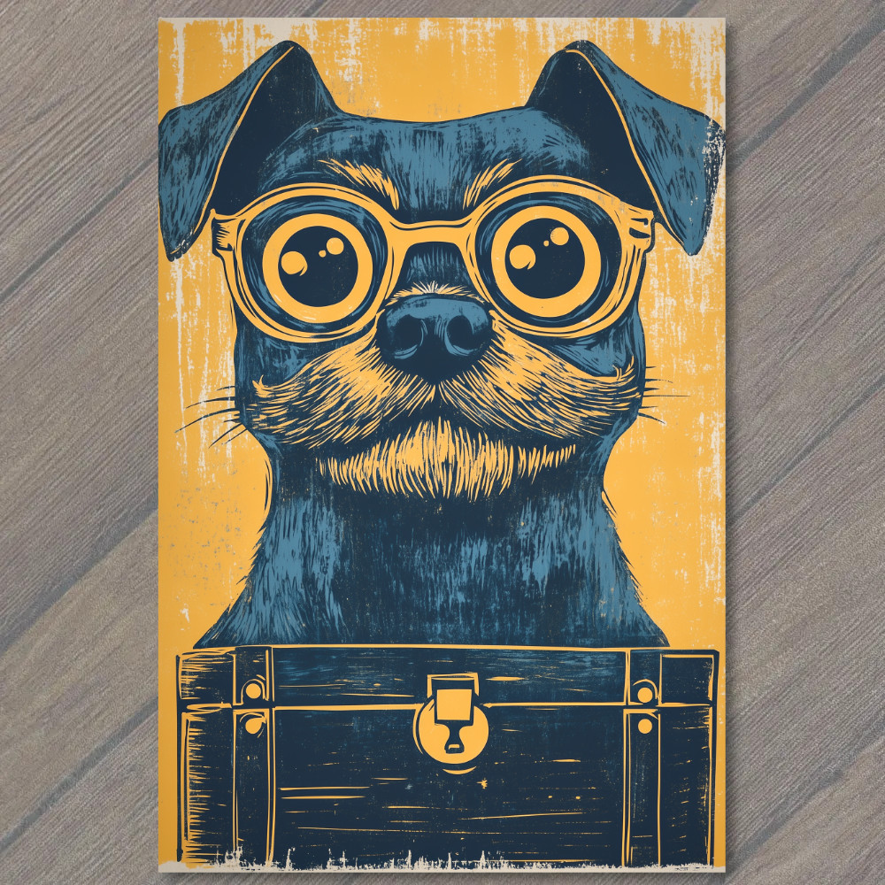 STICKER Dog Glasses Mustache Trunk Funny Blue Yellow Whimsical Cartoon Style