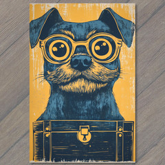 STICKER Dog Glasses Mustache Trunk Funny Blue Yellow Whimsical Cartoon Style
