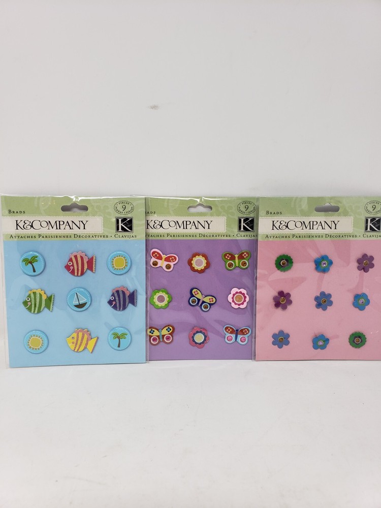 K COMPANY Flower Fish & Butterfly Brads set of 3 9 In Each Packet