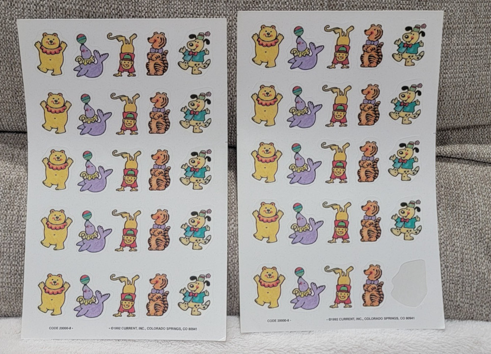Vintage Current Inc CIRCUS ANIMALS 1992 Sticker Sheet Seal Bear Tiger Monkey Dog