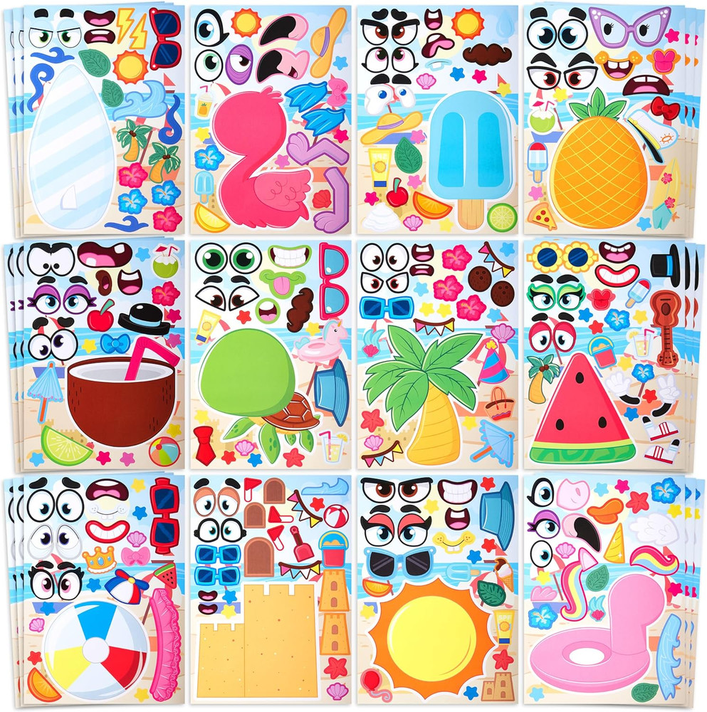 36 Pcs 9″X6″ Summer Make a Face Stickers for Kids, Make Your Own Hawaii Pool Bea