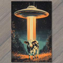 STICKER UFO Cow Abduction Retro Sci-Fi Alien Spaceship Beam Invasion Classic