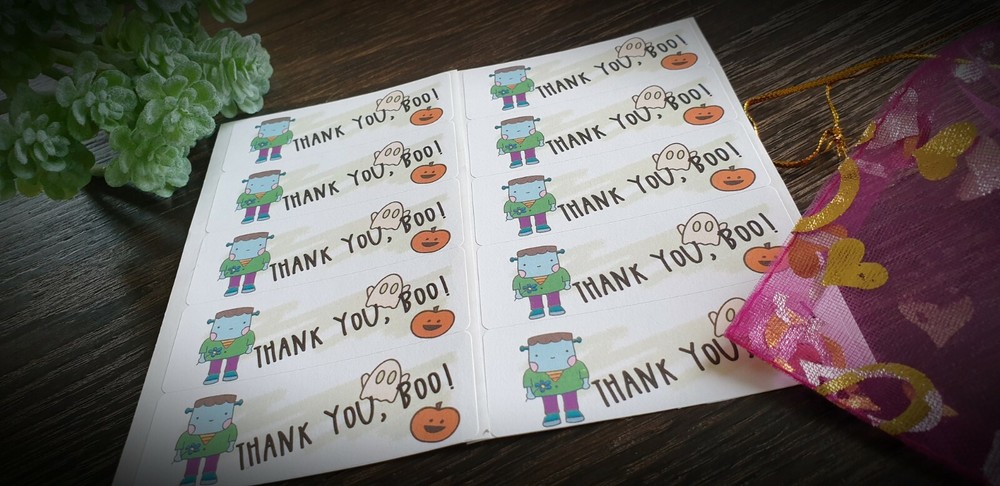 Custom Cute Thank you sticker (1×2 5/8 «)100 count thank you labels Franken boo