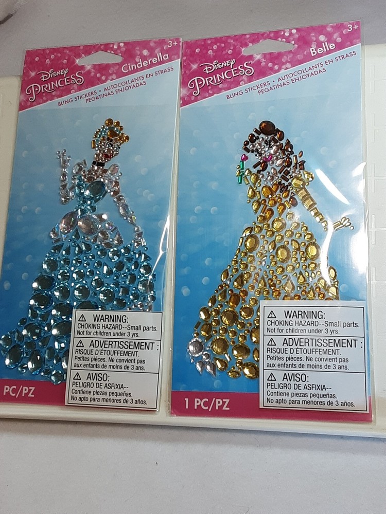 Disney Princess Bling Stickers Cinderella and Belle 6×3 3/4 inches NIP