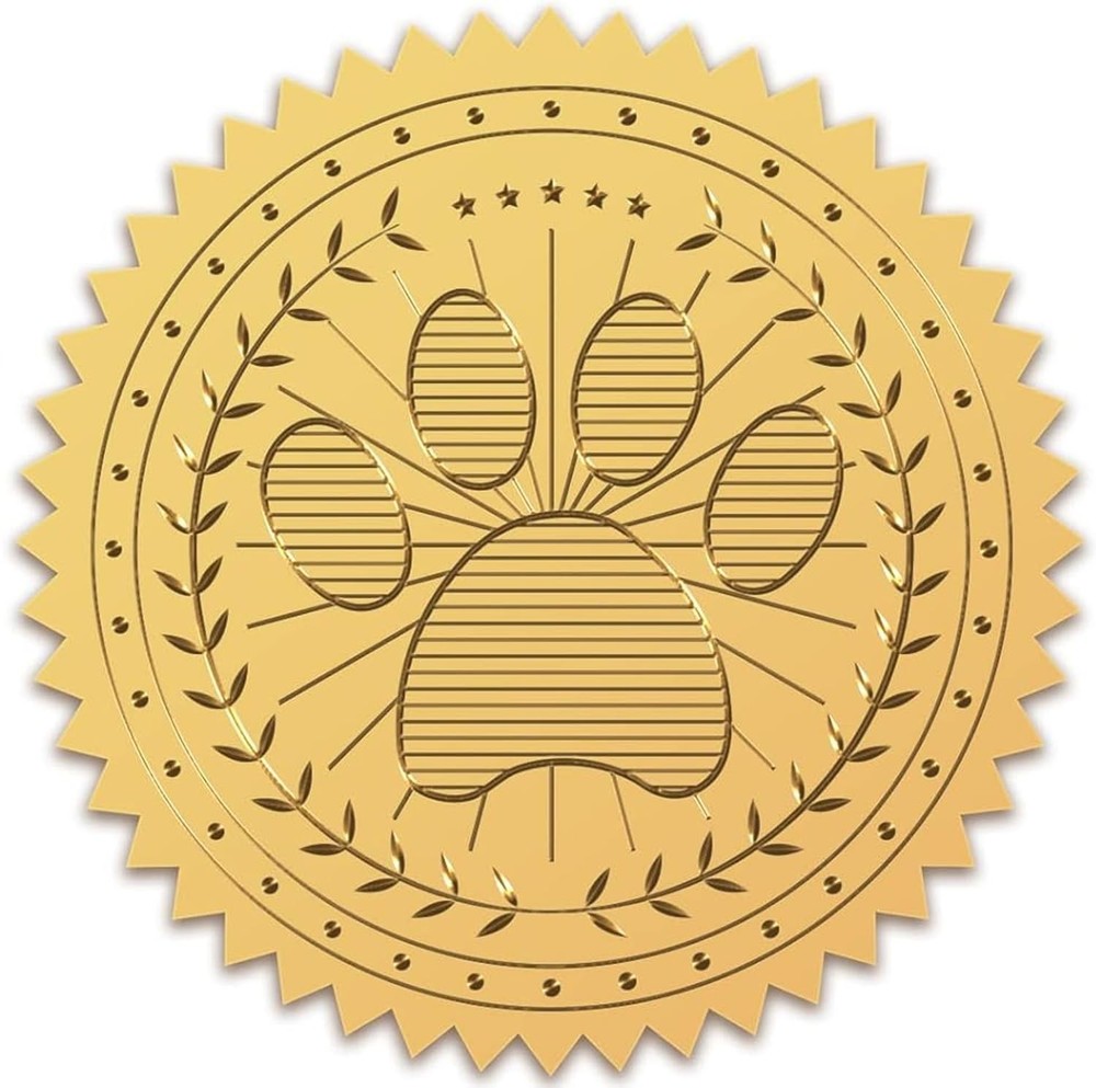 Dog Paw Gold Foil Certificate Seals 2 Round Self Adhesive Embossed Stickers 1…