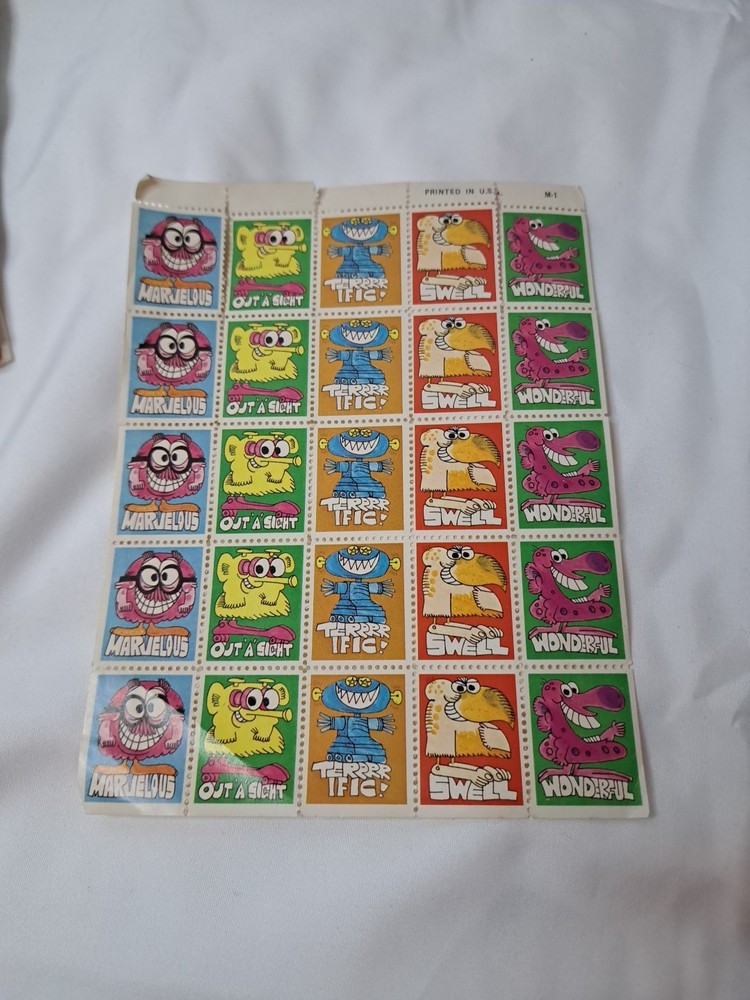 Vintage Retro 90s Lick N Stick Stamp Stickers Full Sheet Rewards Funny Monsters