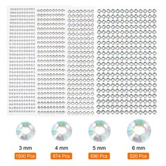 3584 Pcs 8 Sheets Transparent White Rhinestone Stickers 3/4/5/6mm Adhesive Gems
