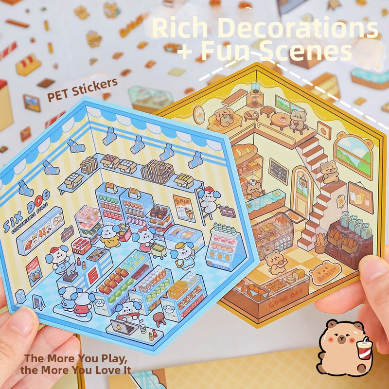4 Theme Sets DIY 3D House Stickers Fun Miniature Room Scene Stickers