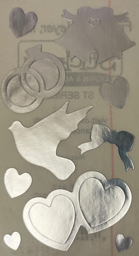 SILVER WEDDING Stickers(10pc) Frances Meyer•Metallic•Rings•Bell •Hearts•Dove•Bow