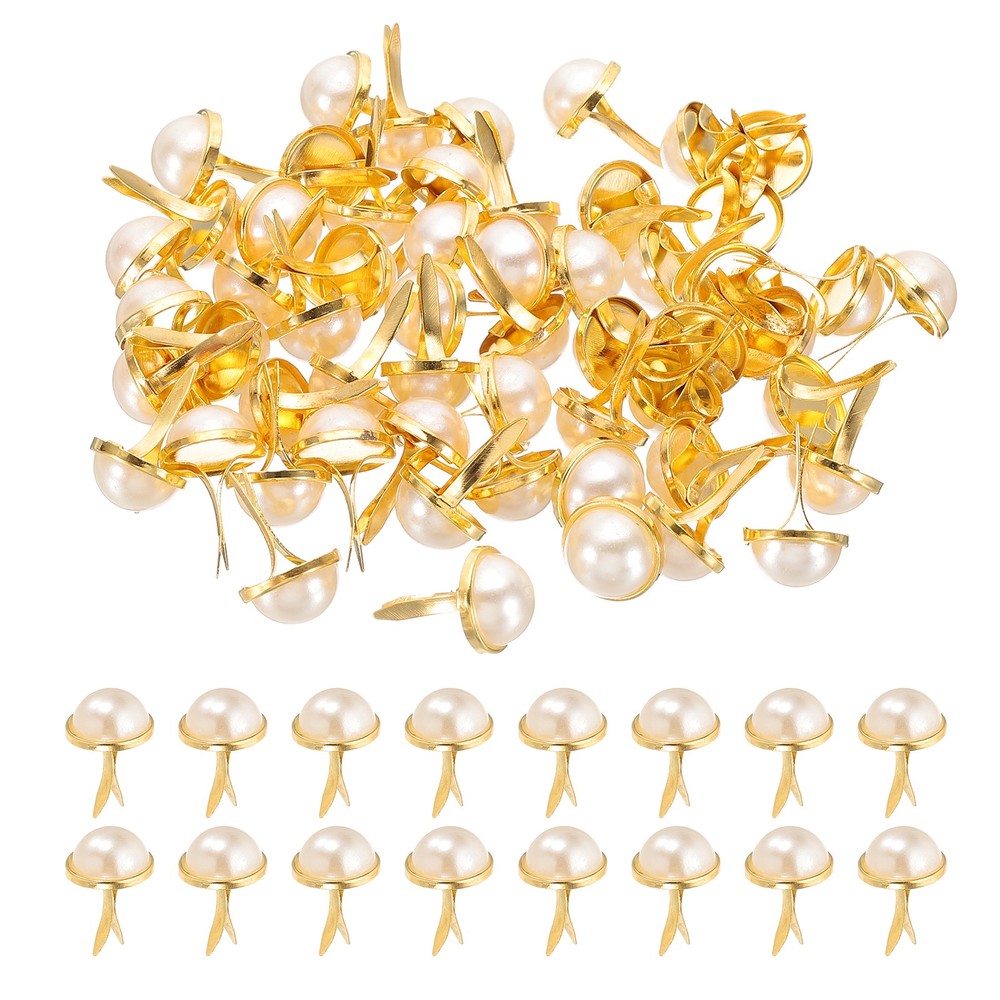 100 Pcs Brads Paper Fasteners Mini Metal Pearl Fastener, Gold Tone, 0.7″x0.5″