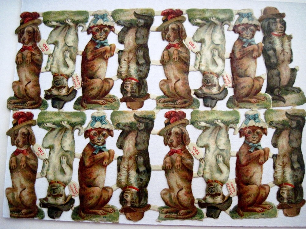 Vintage 1800’s Die Cut Of Dogs w/ Sitting Up and Wearing Hats *