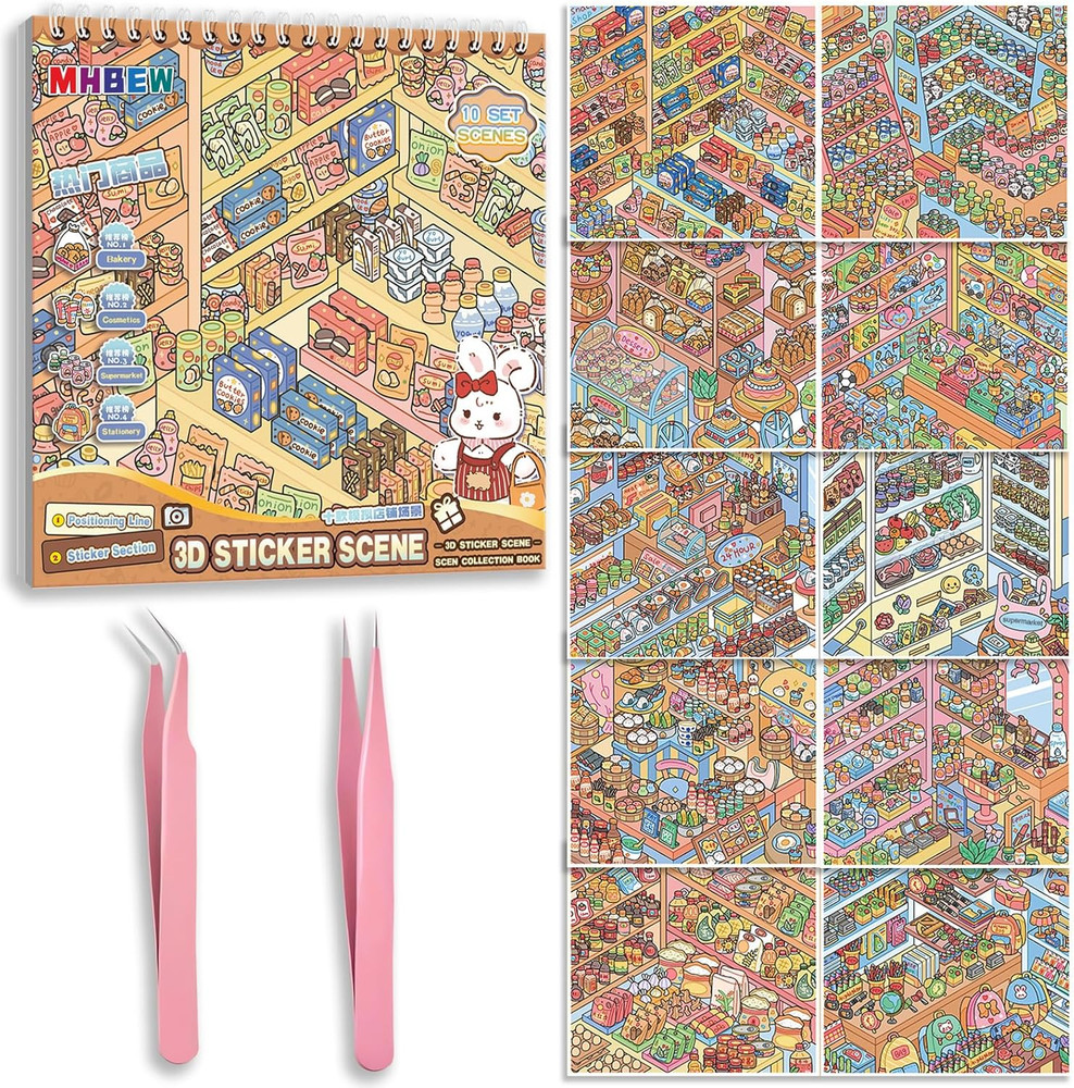 10 Sets Big DIY 3D Sticker Scene Book for Kids Adults Make Your Own Shop House S
