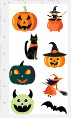 Halloween Pumpkin Vinyl Sticker Sheet Jack O Lantern Witch Bat Black Cat Decals