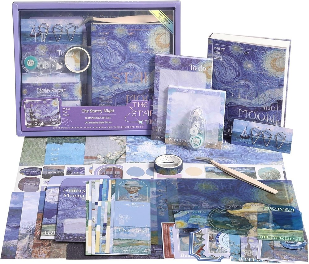 Van Gogh Scrapbook Photo Album Supplies Kit with Tweezers and Glue Tape, Aest