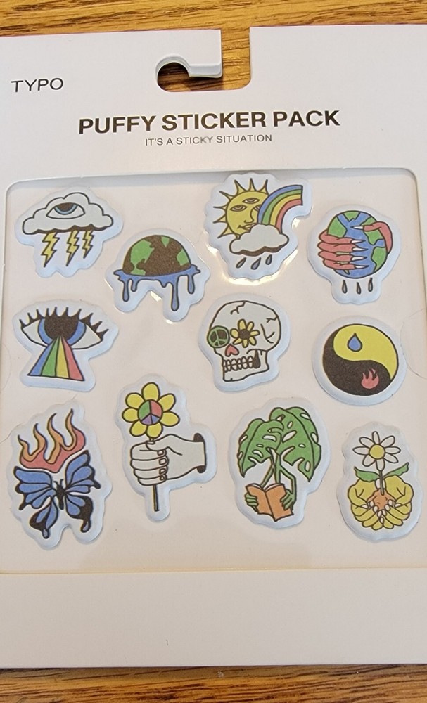 New Typo Puffy Sticker Pack Skull Peace Earth Eye Butterfly Ying Yang Rainbow