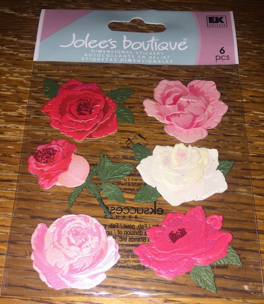 RARE Jolees White Light Dark Pink Roses Flowers Stem Buds 3D Scrapbook Stickers