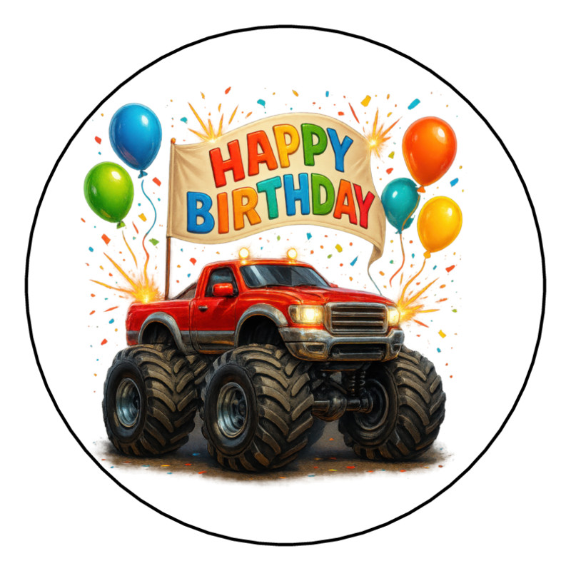 30 MONSTER TRUCK HAPPY BIRTHDAY STICKERS LABELS TAGS 1.5″ ROUND PARTY FAVORS