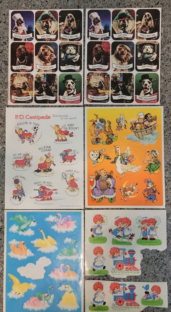 vintage 80s stickers lot Hallmark AGC stick ons 6 sheets raggedy ann swans dogs