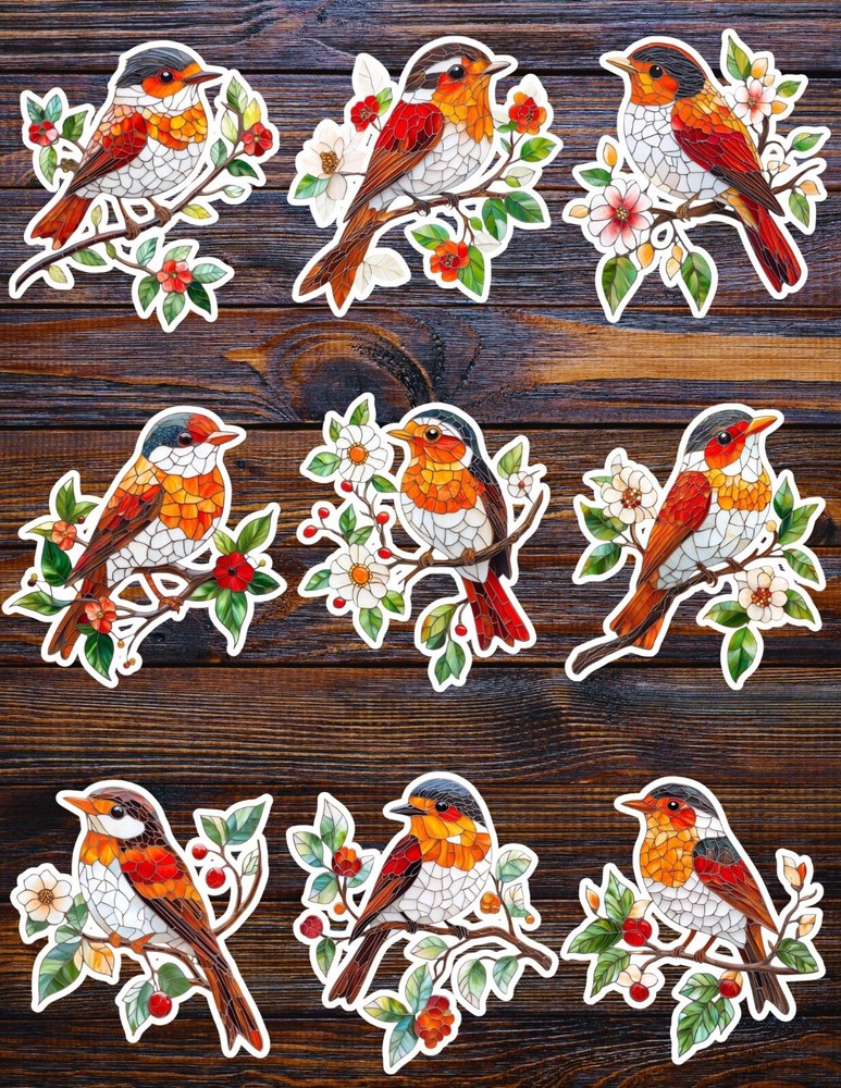 Stained Glass Robin Die Cut Vinyl Stickers Set Scrapbooking Laptop Waterbottle
