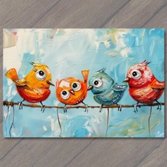 STICKER Birds On A Wire Cute Big Eyes Acrylic Painting Cartoon Style Colorful