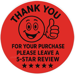 50 pcs Green Thank You Stickers 2” Round – 5 Star Review Labels with Smiley Face