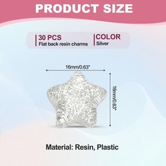 30 Pcs Flat Back Resin Charms, Glitter Star Charms Bulk, Silver