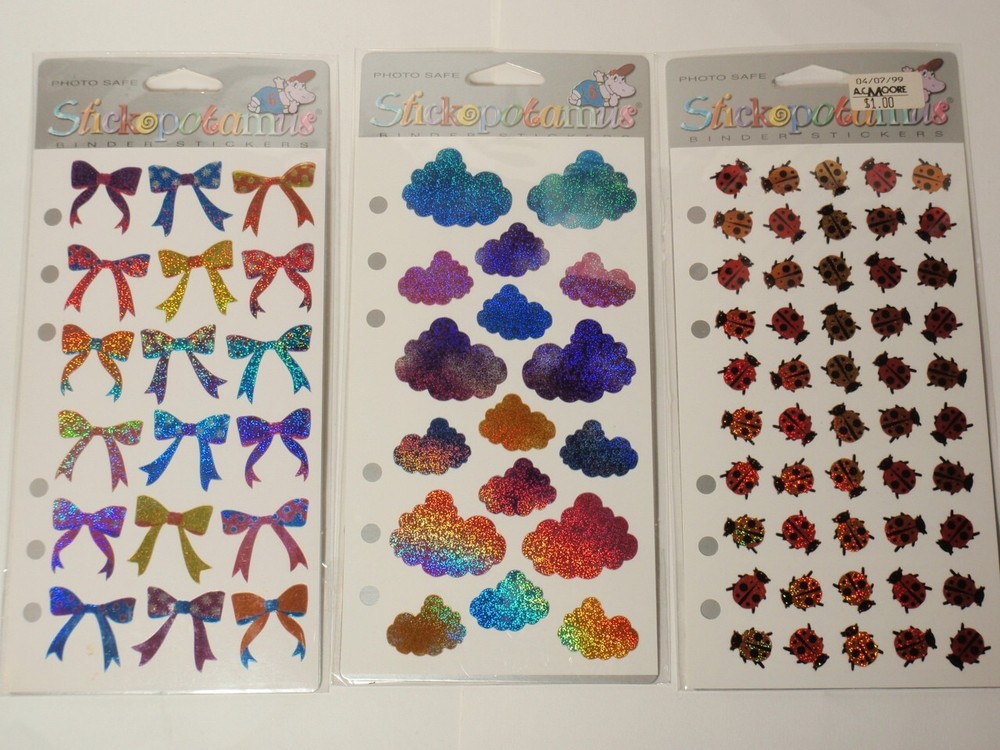 Lot 3 Vtg Stickopotamus Sticker Sheets: Sparkle Lady Bugs, Bows, Clouds NIP