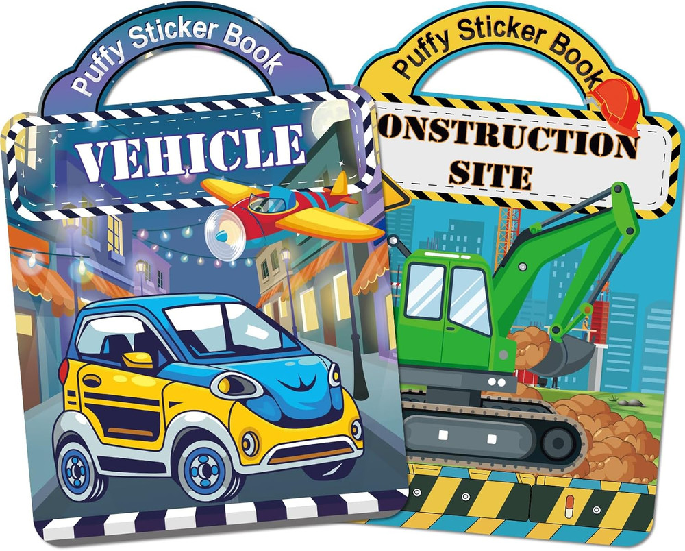2 Pack Puffy Sticker Books for Kids Ages 3-5, Construction Truck and Vehicle Car