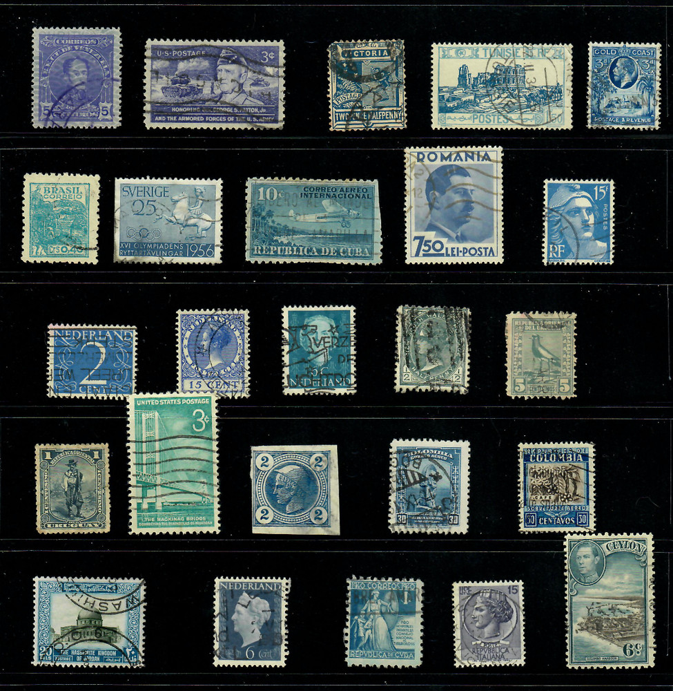 25 Blue Teal Indigo Worldwide Used Stamps Color Lot — Crafts Art (WM247)
