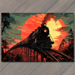 STICKER Train Tracks Trestle Bridge Red Sunset Forest Locomotive Railroad Art