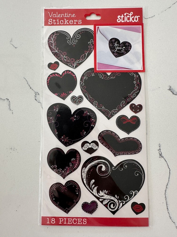Sticko Valentine Stickers 18 PC Decorative Chalk Hearts Scrapbooking Crafts Art
