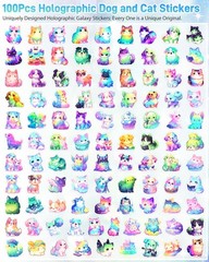 100 Pcs Holographic Rainbow Dog and Cat Stickers 2 in, Pet Designs(100pcs)
