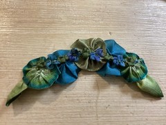 2 Vintage Ribbonwork Flowers Yellow, Blue & Green Silk Satin Stamens