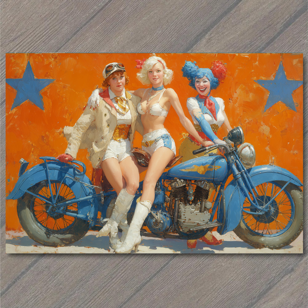 STICKER Three Women Blue Motorcycle Orange Star Background Funny Retro Clown