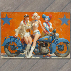 STICKER Three Women Blue Motorcycle Orange Star Background Funny Retro Clown