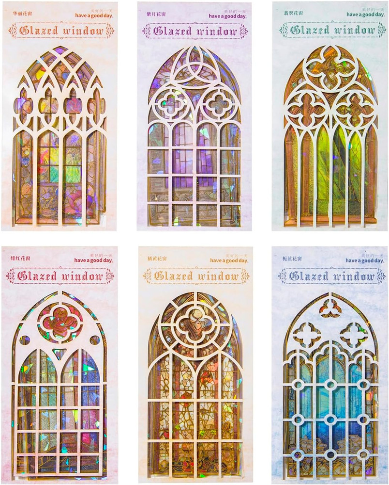60Pcs Vintage Glazed Window Themed Stickers, 6 Packs Holographic Gothic Cathedra