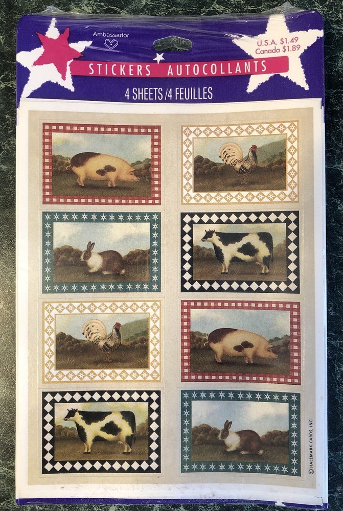 Vintage Ambassador Sticker Package, 4 Sheet Lot, Country Farm Animals, Pig, Cow