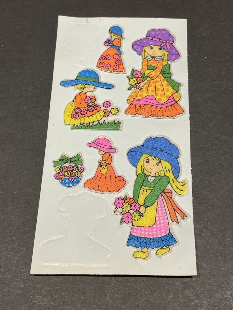 Vintage 1970s 1980s Puffy Stickers Prairie Girls in Bonnets Hats Flowers Boho