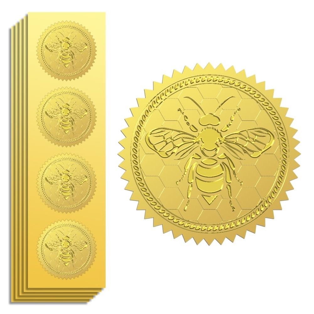 Gold Foil Stickers Seals Official Embossed Bee and Honeycomb 2 Inch 100Pcs, S…