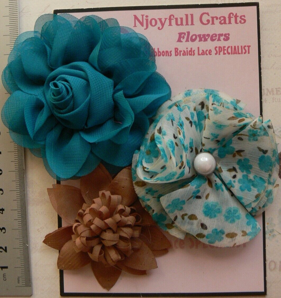 TEAL BLUE & BROWN Fabric Organza Mix – 3 Floral Flower Pk 60-80mm NJC V4 D