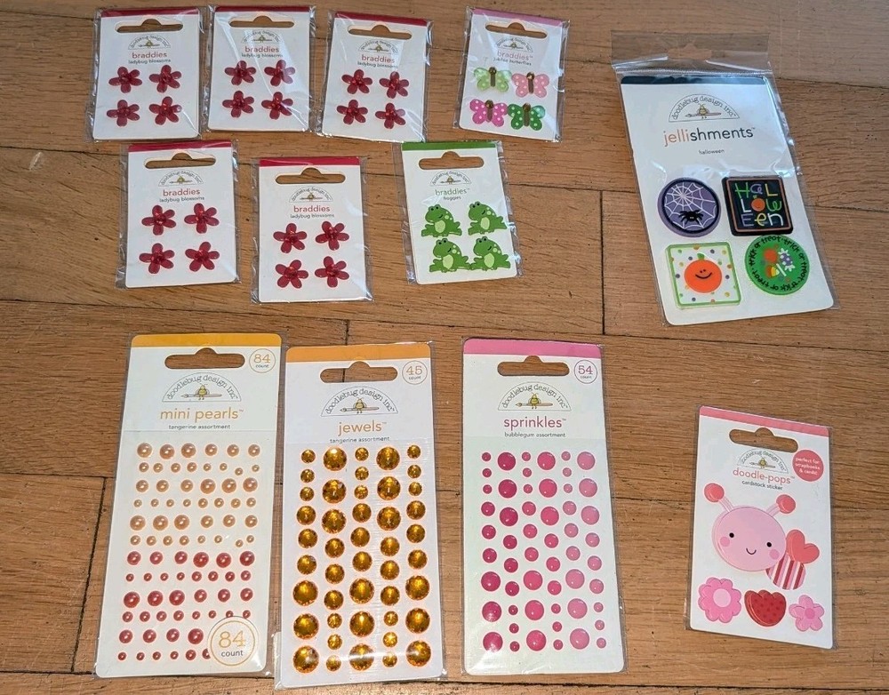 Doodlebug Embellishment Lot Brad’s, Pearls, Jewels, Sprinkles, Pops, Jellishment