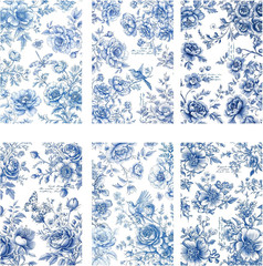 Vintage Floral Rub on Transfer for Crafts – 6 Sheets Blue Chinoiserie Flower Col