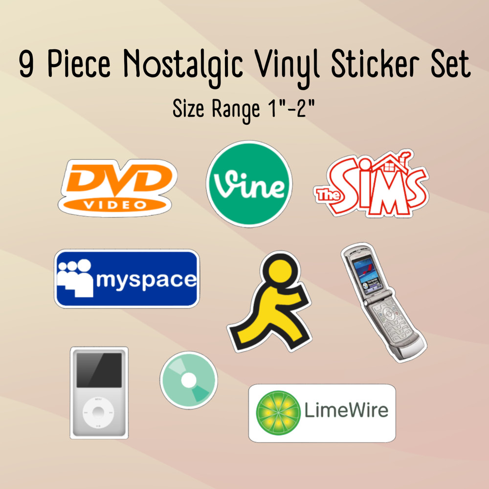 Nostalgic Vinyl Sticker 9 Piece Set: AOL, Myspace, etc. Great for Laptops.